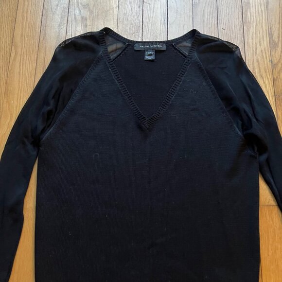 Black Label Ralph Lauren Size XS Black Sheer Long Sleeve V-Neck Sweater Top - Picture 3 of 16